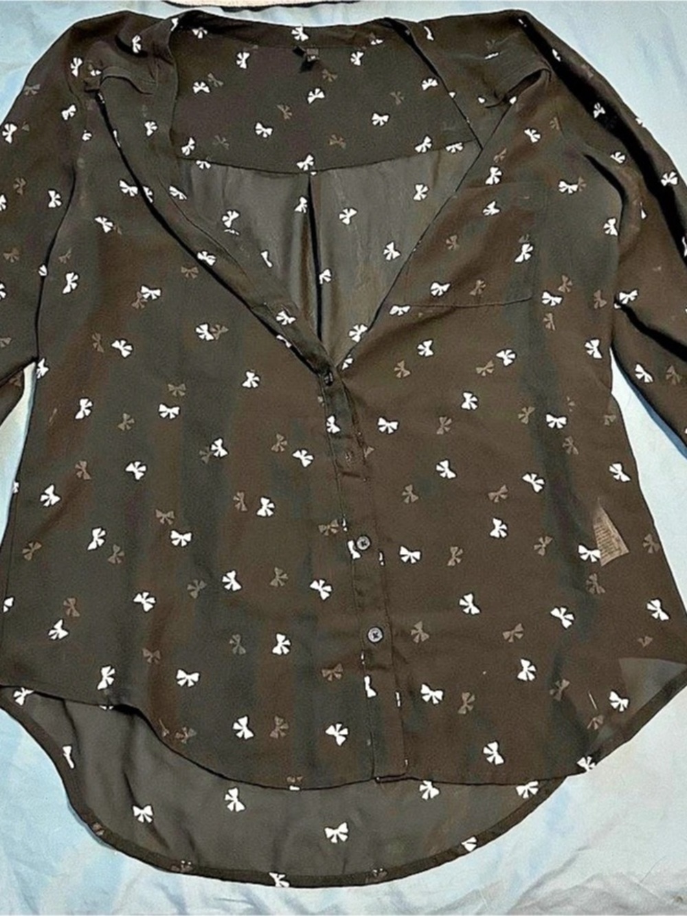 maurices Button Up Bow Print Blouse Black & White Small
